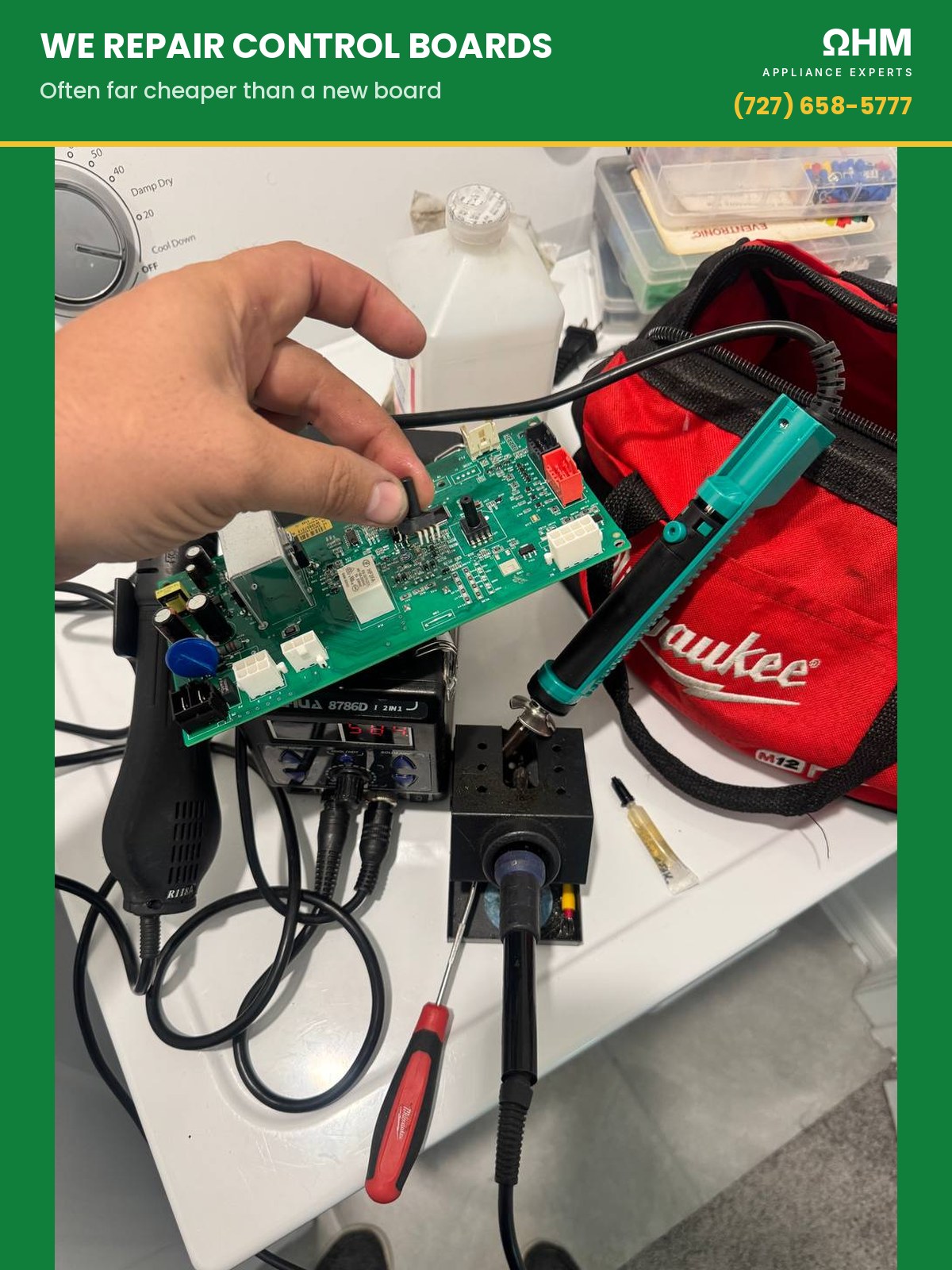 Component-level control board repair on the bench — hot air station and soldering iron