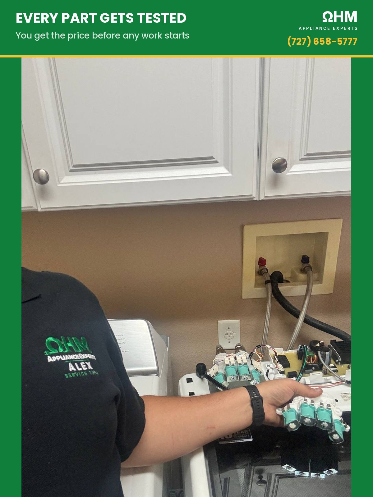 Testing the water inlet valves and control board on a washer in a customer’s laundry room
