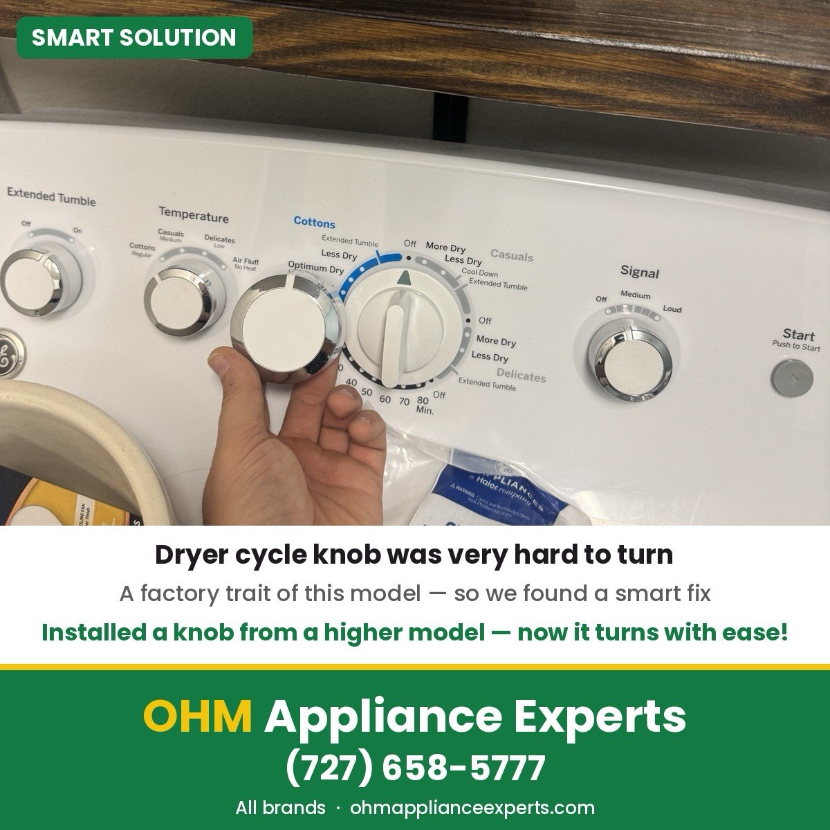 Dryer cycle knob replaced with a better-fitting knob from a higher model