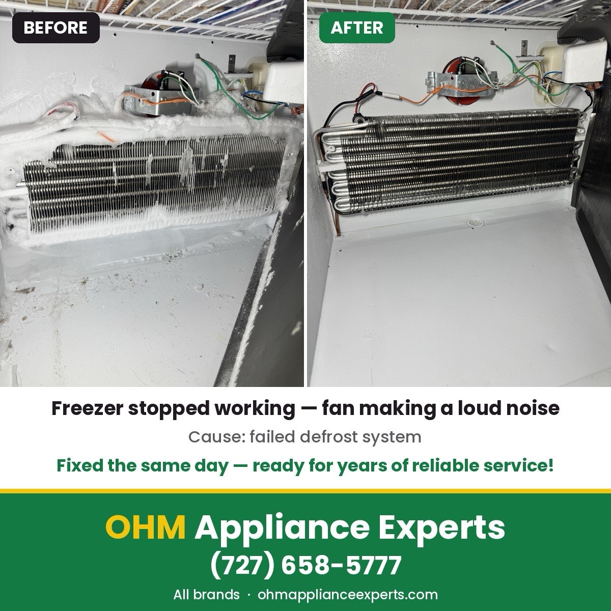 Freezer defrost system repaired after a noisy fan and no cooling