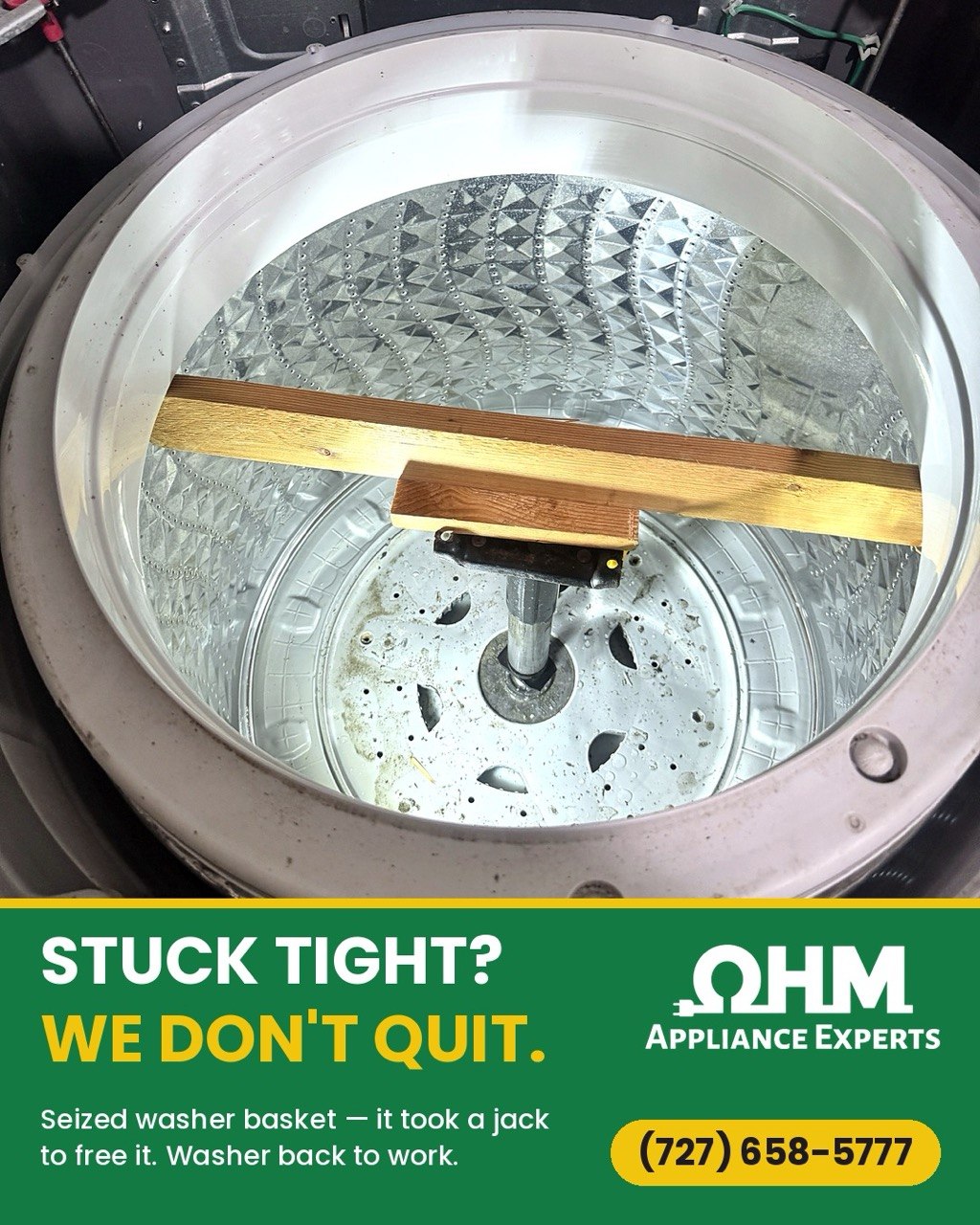 Seized washer drum removed — a job other companies turned down
