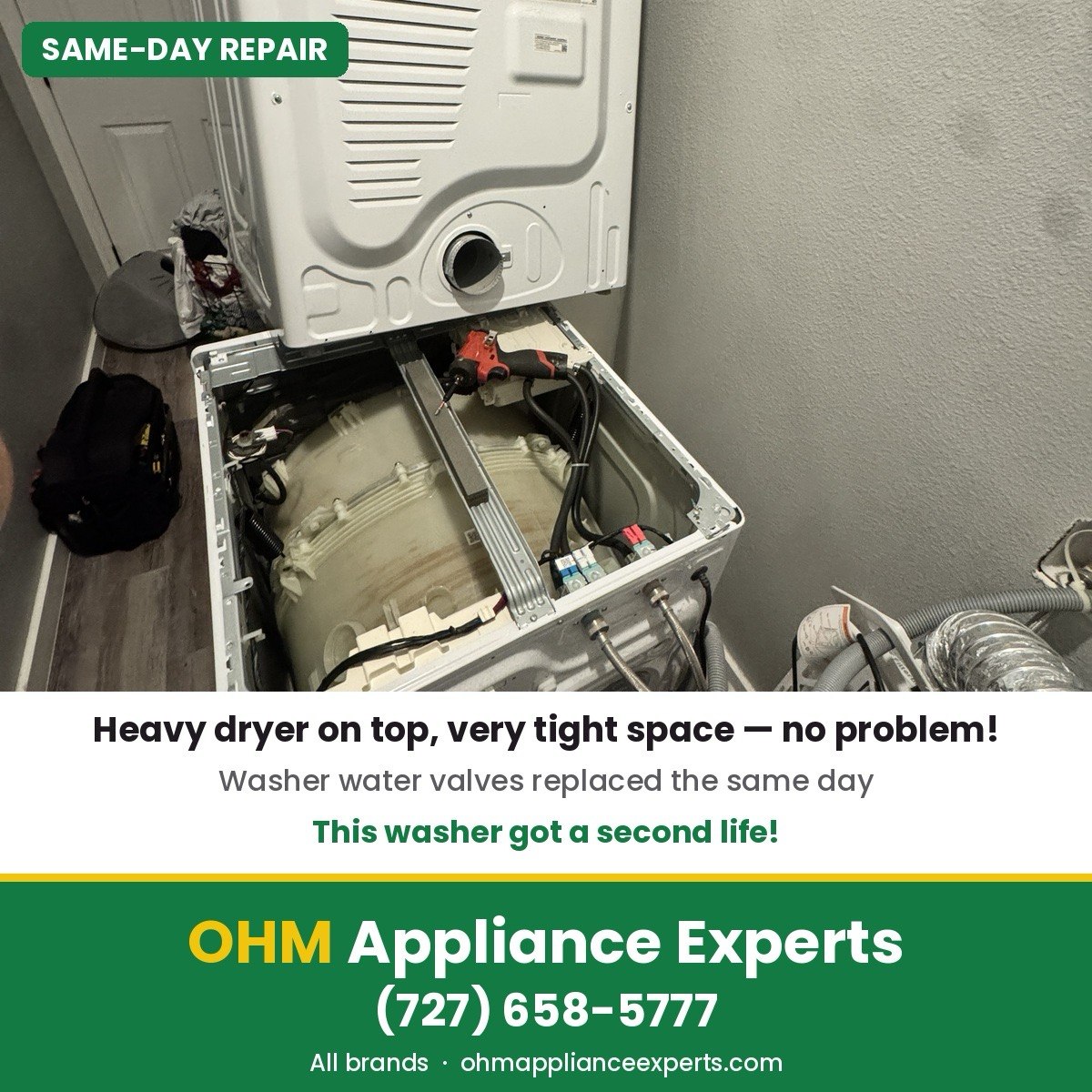 Stacked washer and dryer in a very tight space — water valves replaced the same day